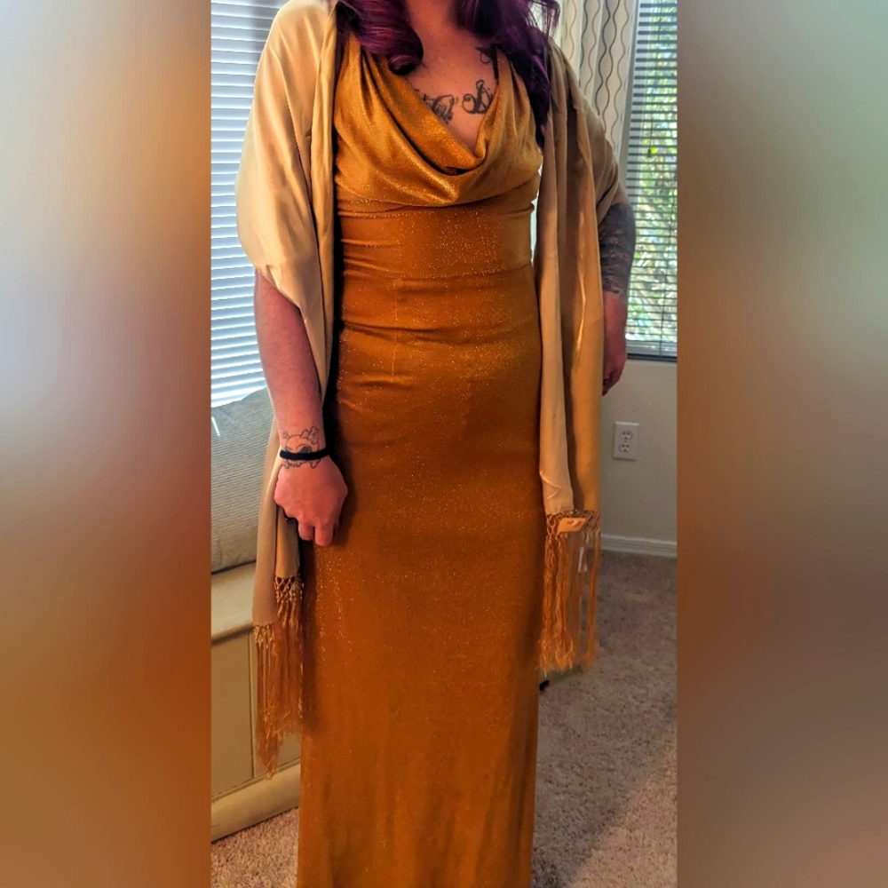 Cache cowl neck cocktail dress with scarf